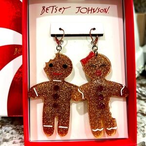 Betsey Johnson Earrings Brown Gingerbread Cookies Couple Sparkle Christmas Gift